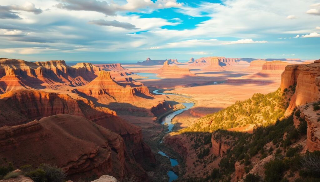 Breathtaking vistas of diverse American landscapes unfold before a wide-angle lens, showcasing the nation's awe-inspiring natural wonders. In the foreground, rolling hills, rugged canyons, and towering mountains stand tall, their textures and colors a testament to the land's raw power. The middle ground reveals serene lakes, winding rivers, and lush forests, their tranquil waters mirroring the sky's ever-changing hues. In the distance, vast desert expanses stretch out, their horizons punctuated by iconic rock formations and sweeping plateaus. Warm, golden sunlight bathes the scene, casting a soft, dreamlike glow and evoking a sense of timeless wonder. This image captures the essence of America's diverse landscapes, inviting the viewer to embark on a journey of discovery and experience the country's unparalleled natural beauty. Breathtaking vistas of diverse American landscapes unfold before a wide-angle lens, showcasing the nation's awe-inspiring natural wonders. In the foreground, rolling hills, rugged canyons, and towering mountains stand tall, their textures and colors a testament to the land's raw power. The middle ground reveals serene lakes, winding rivers, and lush forests, their tranquil waters mirroring the sky's ever-changing hues. In the distance, vast desert expanses stretch out, their horizons punctuated by iconic rock formations and sweeping plateaus. Warm, golden sunlight bathes the scene, casting a soft, dreamlike glow and evoking a sense of timeless wonder. This image captures the essence of America's diverse landscapes, inviting the viewer to embark on a journey of discovery and experience the country's unparalleled natural beauty.