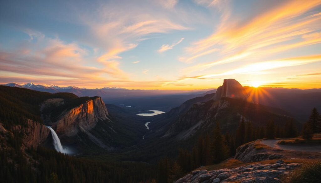 Breathtaking vistas of majestic mountains, cascading waterfalls, and serene lakes. Rugged trails winding through lush, verdant forests. Silhouettes of wildlife against a vibrant sunset sky. Awe-inspiring landscapes captured through a wide-angle lens, showcasing the grandeur and diversity of America's national parks. Warm, golden lighting illuminates the scene, creating a sense of tranquility and wonder. Capture the essence of iconic national park experiences - the perfect balance of adventure, natural beauty, and pure serenity.