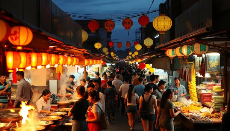 Bustling street food market in Asia with colorful stalls and vendors cooking various dishes