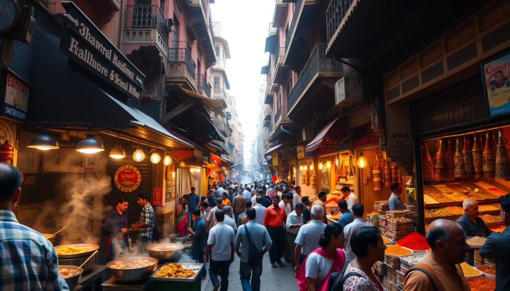 Busy street food vendors in Chandni Chowk, Delhi serving traditional Indian street food Busy street food vendors in Chandni Chowk, Delhi serving traditional Indian street food