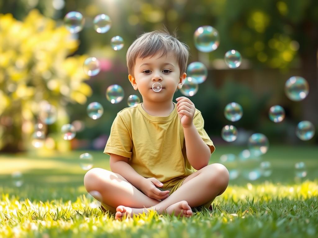 Child blowing bubbles mindfully outdoors Child blowing bubbles mindfully outdoors