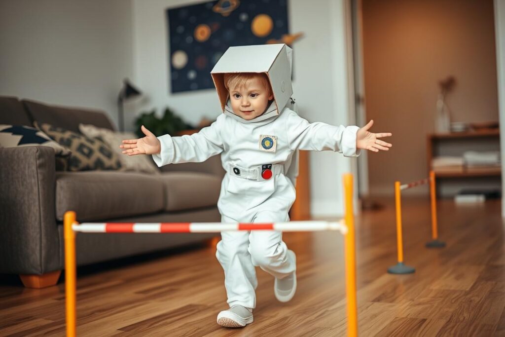 Child in DIY astronaut costume completing training challenge space activity Child in DIY astronaut costume completing training challenge space activity