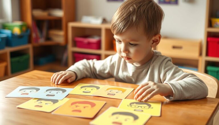 Child looking at feelings and emotions flashcards with various facial expressions