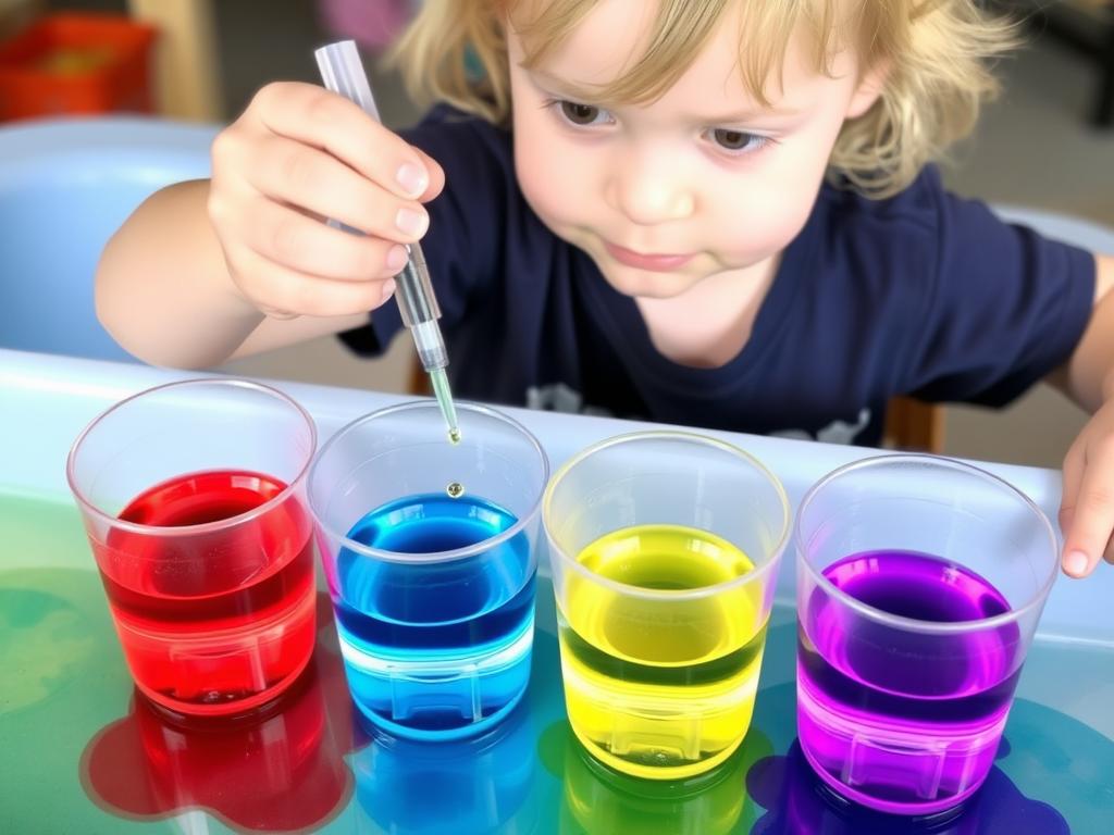 Child mixing colored water during water play for kids activity