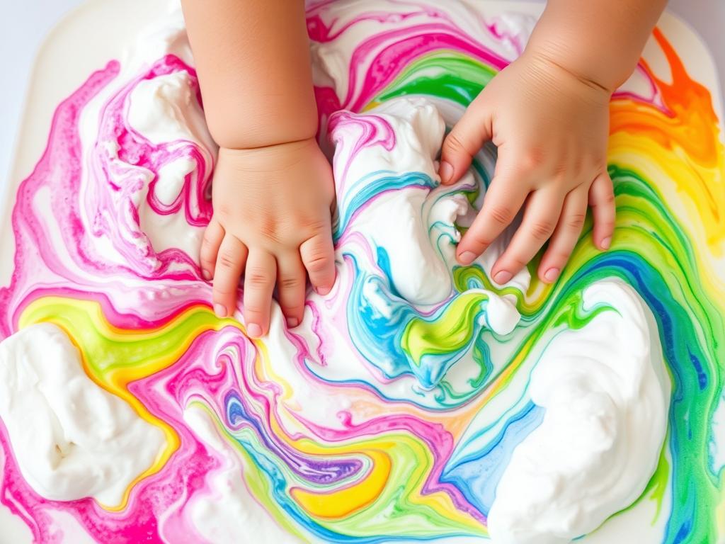 Child playing with colorful shaving cream sensory bin Child playing with colorful shaving cream sensory bin