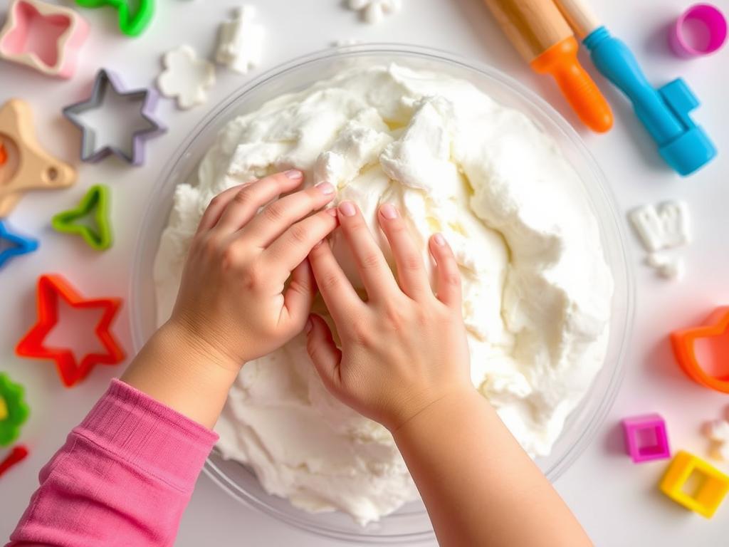 Child playing with moldable cloud dough sensory bin Child playing with moldable cloud dough sensory bin