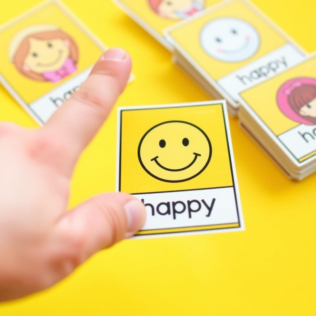 Child pointing to a happy face on an emotions flashcard Child pointing to a happy face on an emotions flashcard