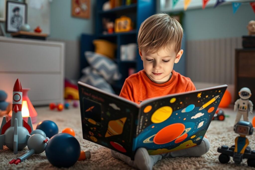 Child reading a space-themed book surrounded by space toys Child reading a space-themed book surrounded by space toys