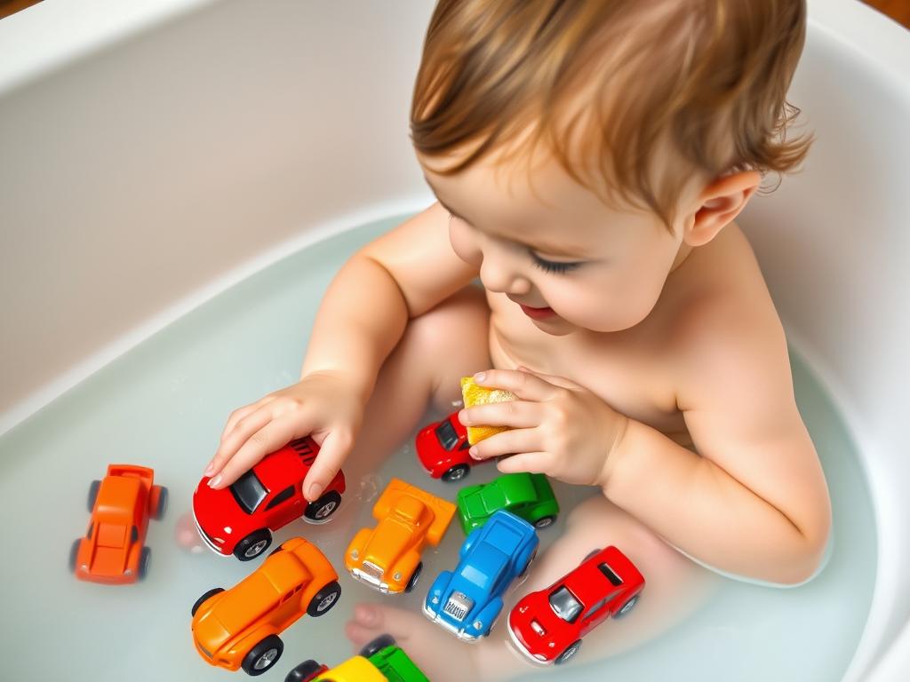 Child washing toys in bathtub during indoor water play for kids