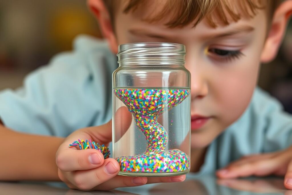 Child watching a glitter jar settle as a mindfulness activity Child watching a glitter jar settle as a mindfulness activity