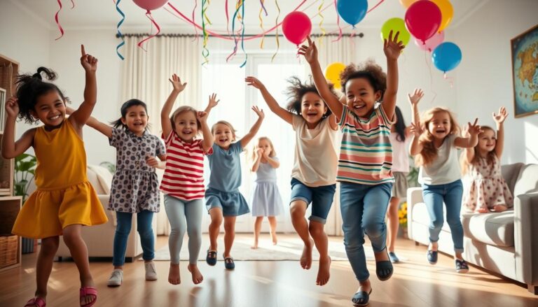 Children dancing and having fun to music at a kids dance party