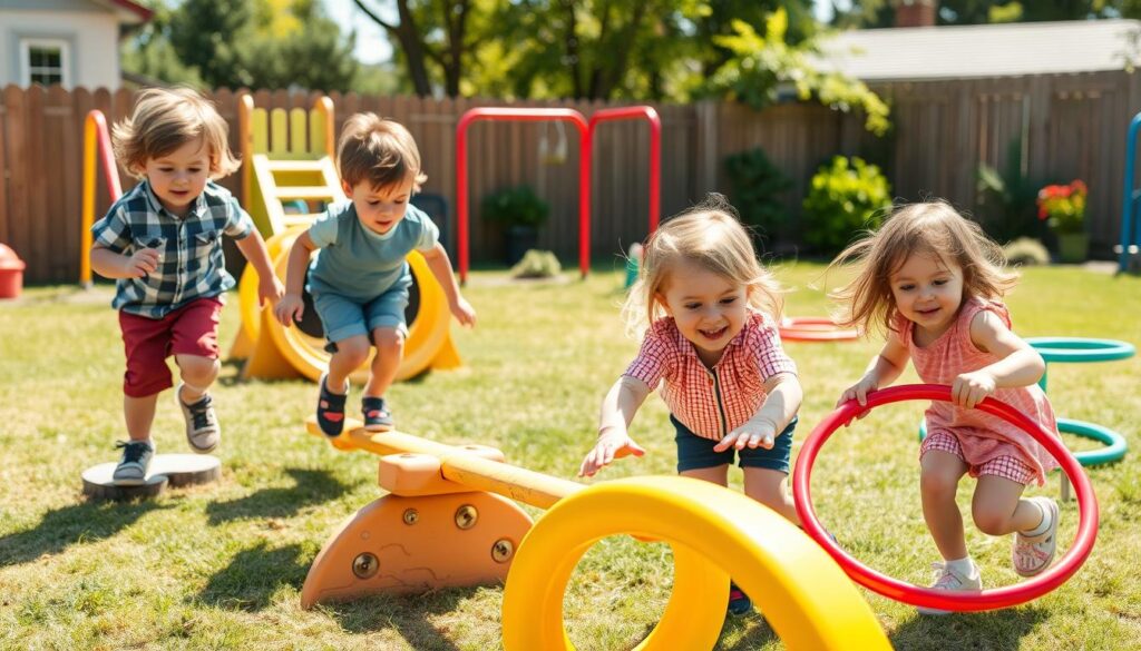 Children engaged in a simple obstacle course in a backyard, building physical confidence through movement challenges Children engaged in a simple obstacle course in a backyard, building physical confidence through movement challenges