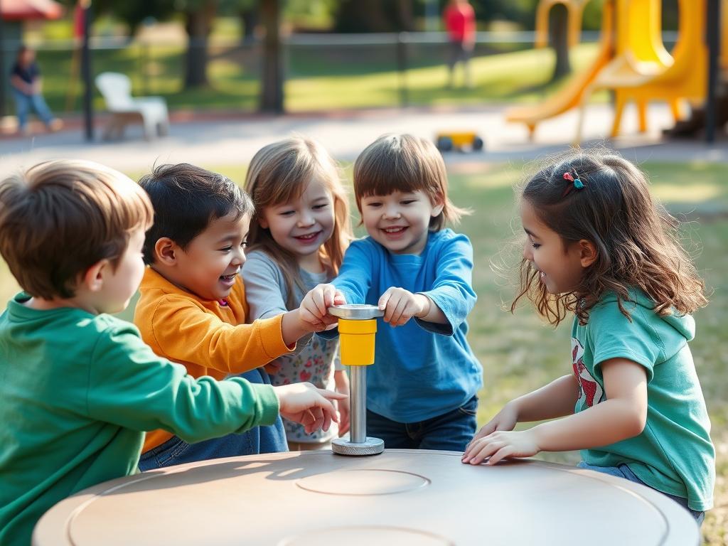 Children engaged in cooperative play at a playground, building social confidence through positive peer interactions Children engaged in cooperative play at a playground, building social confidence through positive peer interactions