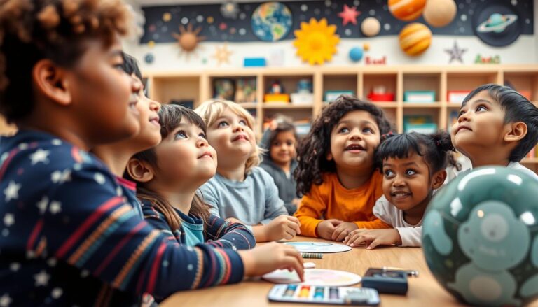 Children engaged in space activities for kids, looking at stars and planets