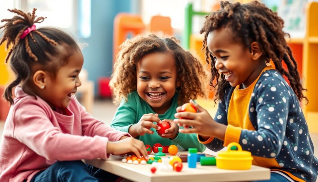 Children happily sharing toys together, showing the positive outcome of learning how to teach sharing effectively Children happily sharing toys together, showing the positive outcome of learning how to teach sharing effectively