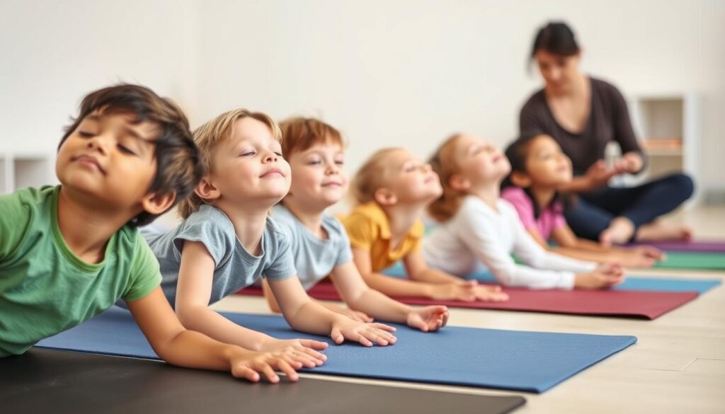 Children lying down doing a body scan meditation exercise Children lying down doing a body scan meditation exercise