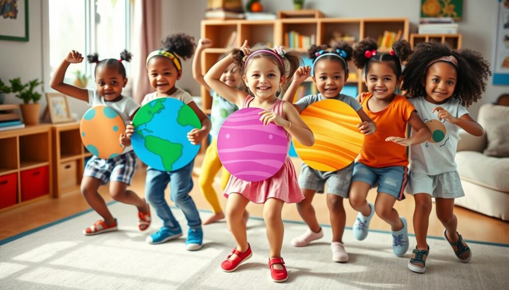 Children performing a planet song and dance space activity Children performing a planet song and dance space activity