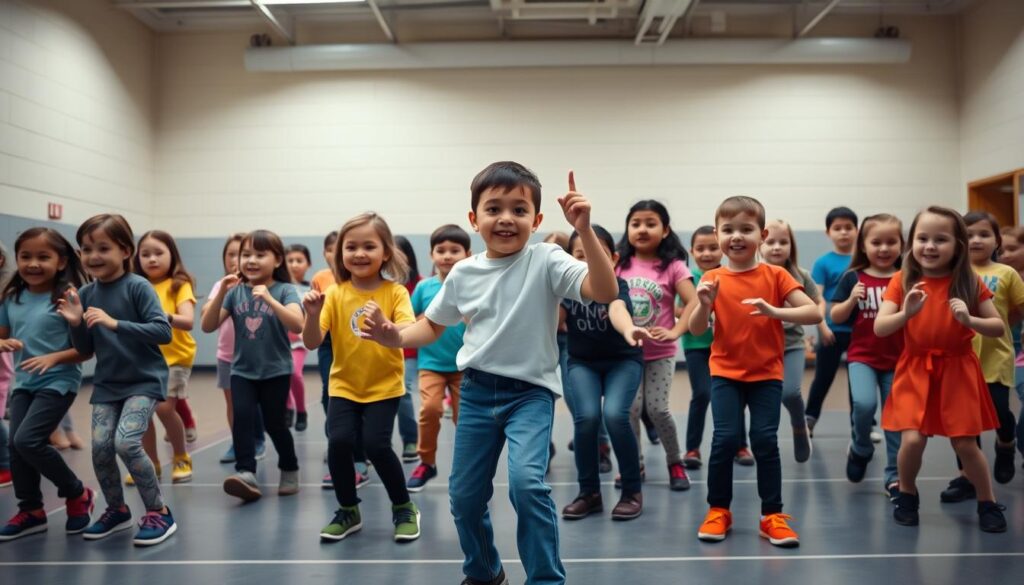 Children performing choreographed moves to 'Uptown Funk' at a kids dance party Children performing choreographed moves to 'Uptown Funk' at a kids dance party