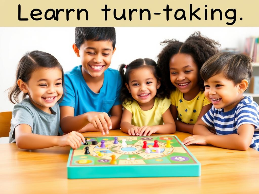Children playing a board game together, learning to take turns and share game pieces Children playing a board game together, learning to take turns and share game pieces