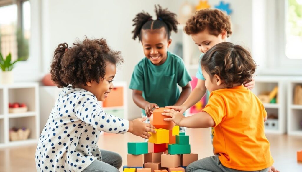 Children playing a cooperative game that teaches sharing skills, showing how to teach sharing through fun activities Children playing a cooperative game that teaches sharing skills, showing how to teach sharing through fun activities