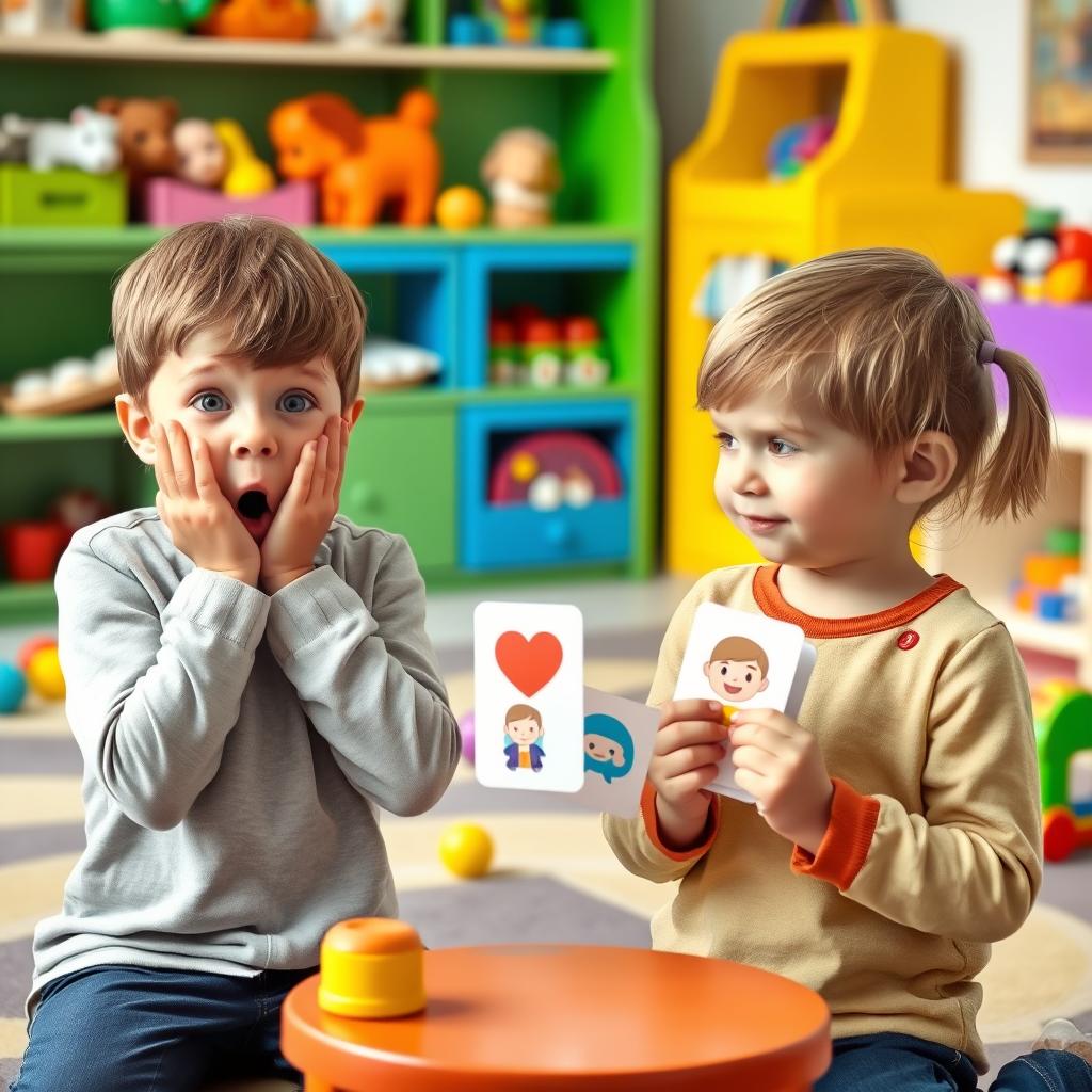 Children playing emotion charades with flashcards Children playing emotion charades with flashcards