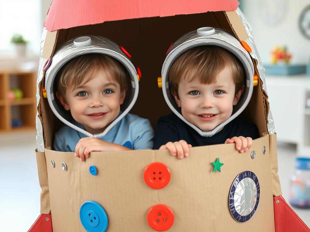 Children playing in a homemade cardboard rocket ship space activity Children playing in a homemade cardboard rocket ship space activity
