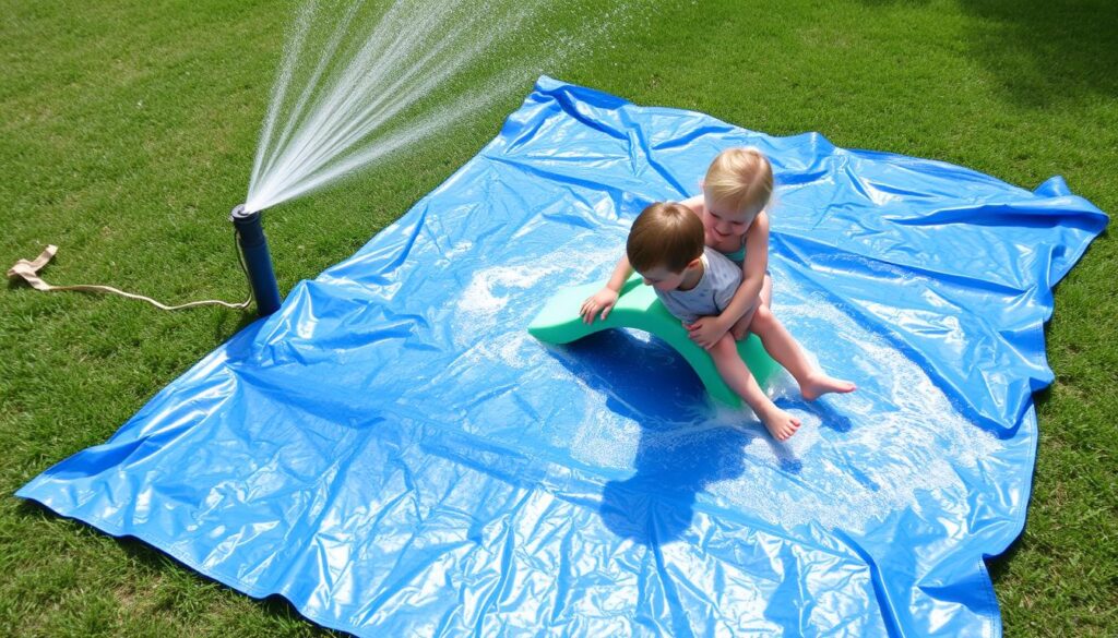 Children playing on a DIY splash pad during outdoor water play for kids