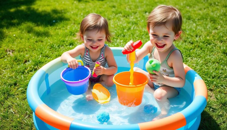 Children playing with colorful water toys outdoors during water play for kids activity