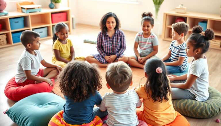 Children practicing mindfulness activities in a circle with a teacher