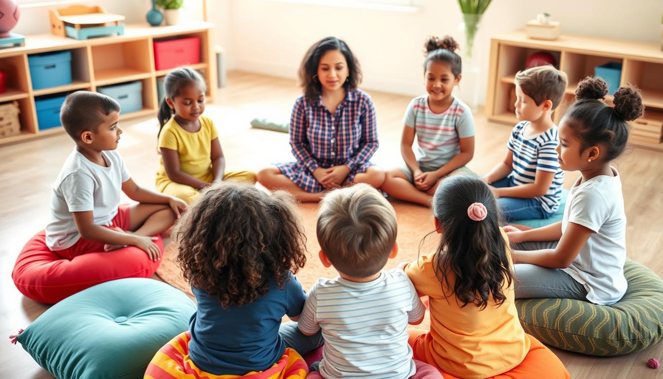 Children practicing mindfulness activities in a circle with a teacher