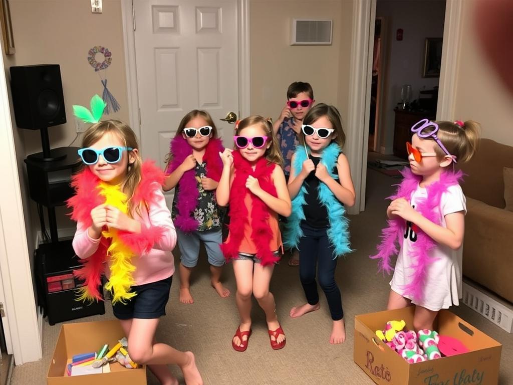 Children using dance props like scarves and silly glasses at a home dance party Children using dance props like scarves and silly glasses at a home dance party