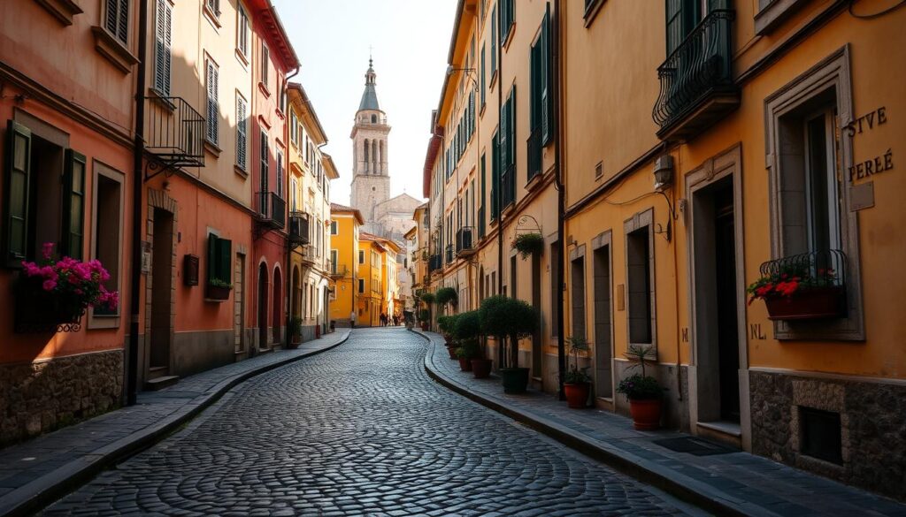 Cobblestone streets winding through a picturesque Italian village, flanked by charming pastel-hued buildings, their facades adorned with ornate window frames and wrought-iron balconies. Potted plants and vibrant flower boxes spill over window sills, adding pops of color. Warm Mediterranean sunlight casts a golden glow, accentuating the timeless character of the scene. In the distance, the silhouette of a historic church steeple rises, its bell tower casting long shadows across the quaint, pedestrian-friendly lanes. The overall atmosphere evokes a sense of tranquility and timelessness, inviting the viewer to step into this enchanting slice of authentic Italian village life. Cobblestone streets winding through a picturesque Italian village, flanked by charming pastel-hued buildings, their facades adorned with ornate window frames and wrought-iron balconies. Potted plants and vibrant flower boxes spill over window sills, adding pops of color. Warm Mediterranean sunlight casts a golden glow, accentuating the timeless character of the scene. In the distance, the silhouette of a historic church steeple rises, its bell tower casting long shadows across the quaint, pedestrian-friendly lanes. The overall atmosphere evokes a sense of tranquility and timelessness, inviting the viewer to step into this enchanting slice of authentic Italian village life.