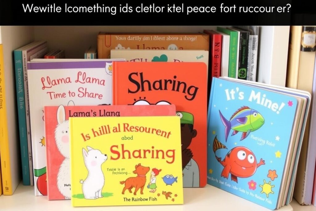 Collection of children's books about sharing displayed on a shelf, resources for how to teach sharing Collection of children's books about sharing displayed on a shelf, resources for how to teach sharing