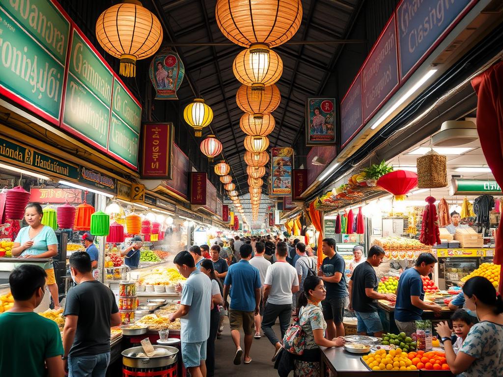 Colorful food stalls at Chatuchak Weekend Market in Bangkok with various Thai street food dishes Colorful food stalls at Chatuchak Weekend Market in Bangkok with various Thai street food dishes