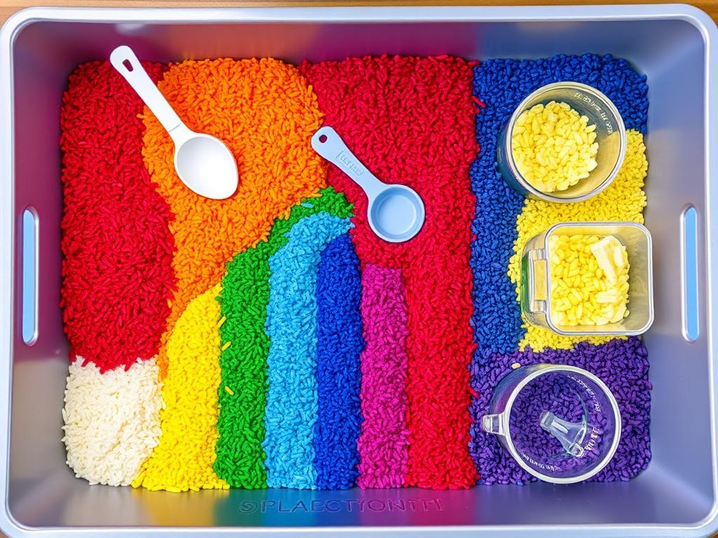 Colorful rainbow rice sensory bin with scoops and containers Colorful rainbow rice sensory bin with scoops and containers