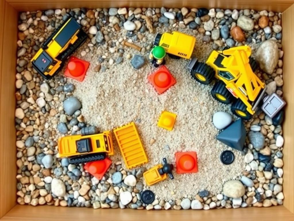 Construction-themed sensory bin with rocks, toy construction vehicles and tools Construction-themed sensory bin with rocks, toy construction vehicles and tools