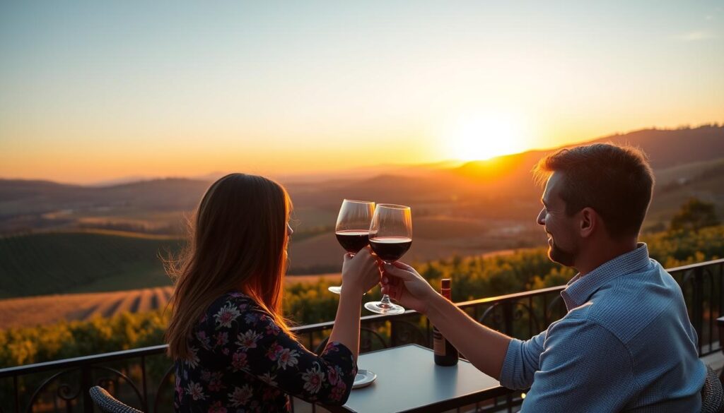 Couple enjoying a private wine tasting experience in Napa Valley, a premier romantic city getaway for wine lovers Couple enjoying a private wine tasting experience in Napa Valley, a premier romantic city getaway for wine lovers