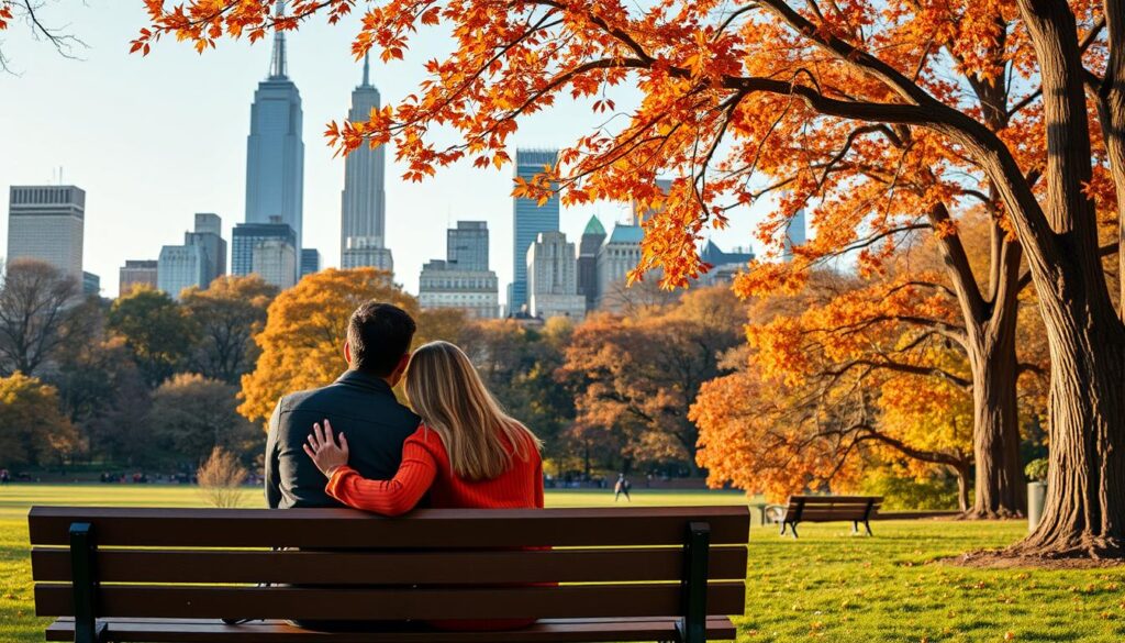 Couple enjoying a romantic moment in Central Park with the NYC skyline in the background, a classic romantic city getaway Couple enjoying a romantic moment in Central Park with the NYC skyline in the background, a classic romantic city getaway