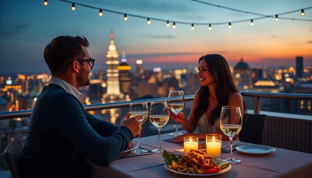 Couple enjoying a rooftop dinner with city views, a classic romantic activity for any city getaway Couple enjoying a rooftop dinner with city views, a classic romantic activity for any city getaway