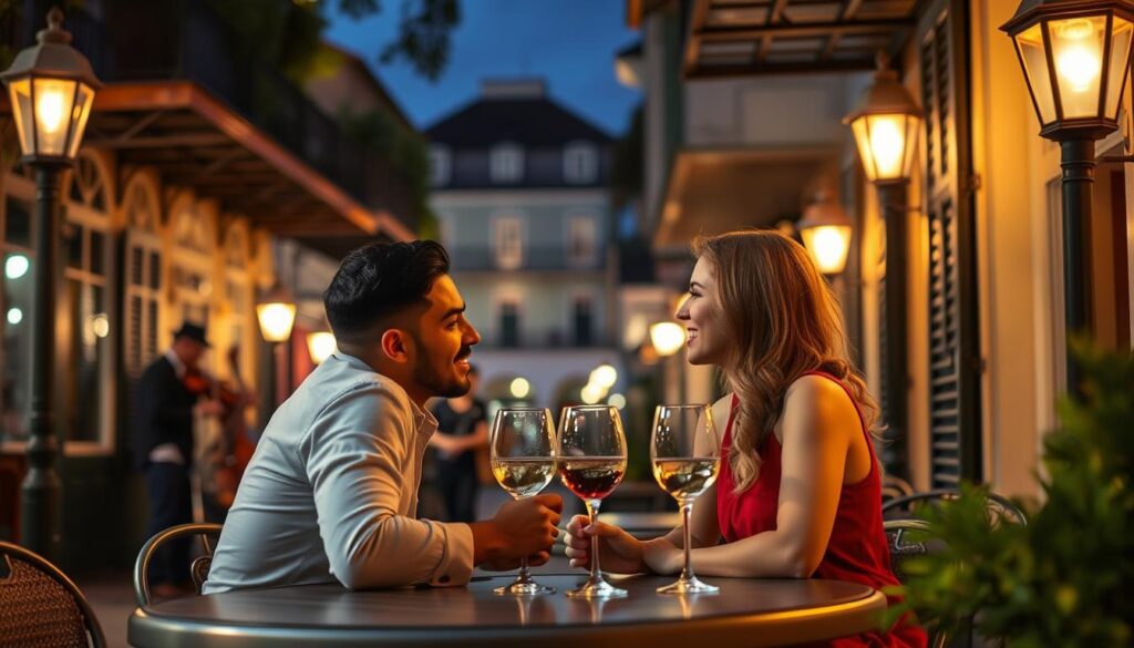 Couple enjoying live jazz music in the French Quarter of New Orleans, a vibrant romantic city getaway Couple enjoying live jazz music in the French Quarter of New Orleans, a vibrant romantic city getaway
