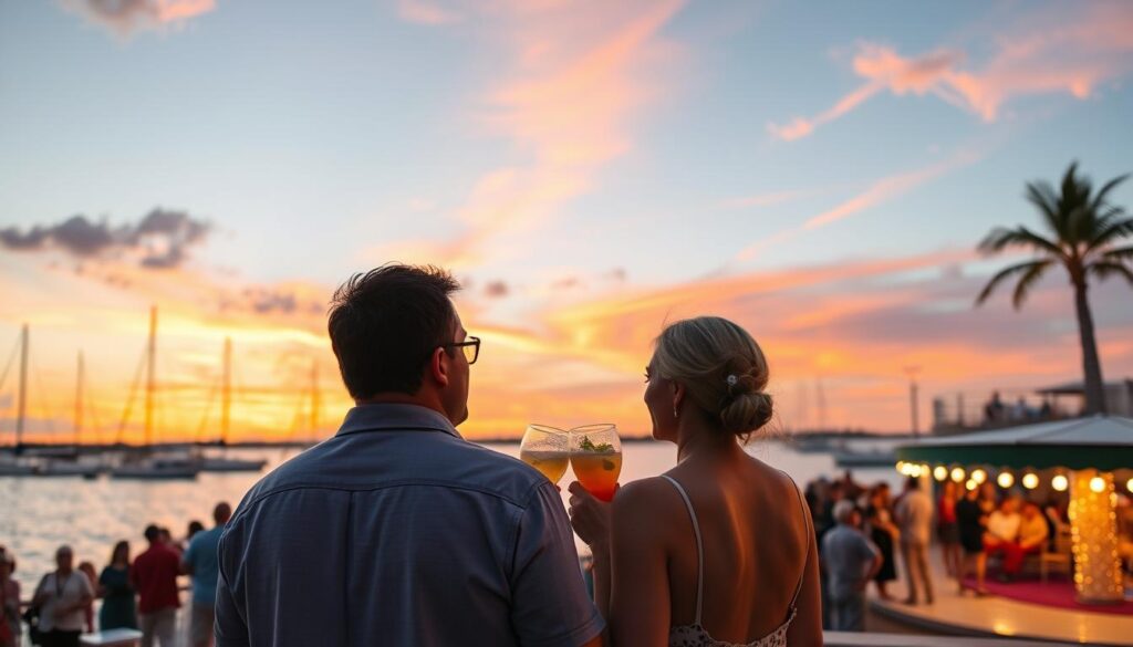 Couple enjoying the famous Key West sunset celebration, a colorful romantic city getaway in Florida Couple enjoying the famous Key West sunset celebration, a colorful romantic city getaway in Florida