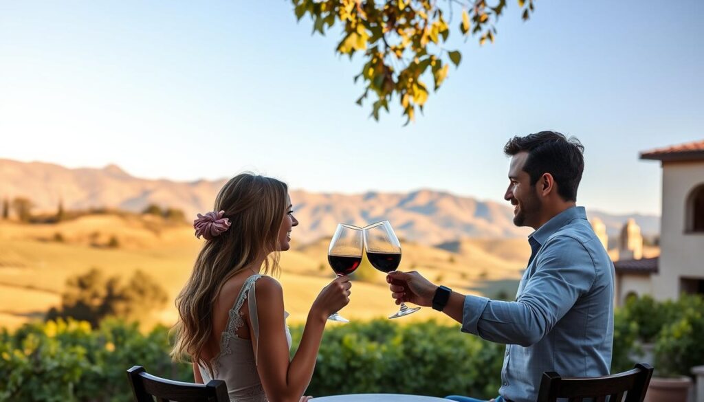 Couple enjoying wine tasting in Santa Barbara vineyards, a Mediterranean-inspired romantic city getaway Couple enjoying wine tasting in Santa Barbara vineyards, a Mediterranean-inspired romantic city getaway