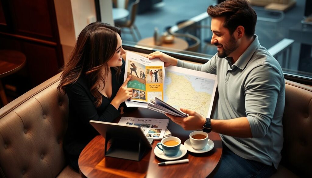 Couple planning their romantic city getaway together with maps and guidebooks Couple planning their romantic city getaway together with maps and guidebooks