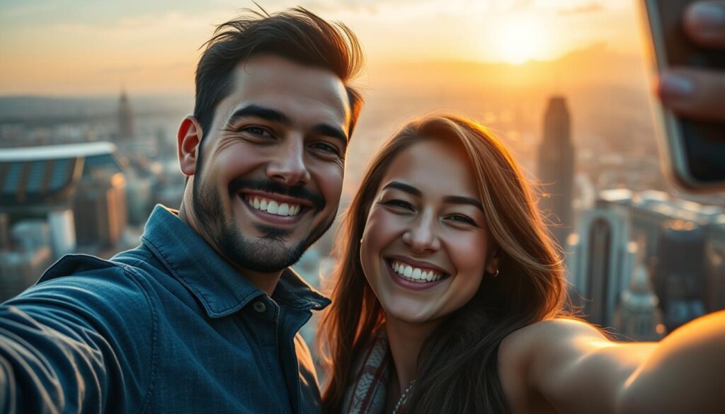 Couple taking a selfie with a romantic cityscape in the background, capturing memories from their romantic city getaway Couple taking a selfie with a romantic cityscape in the background, capturing memories from their romantic city getaway