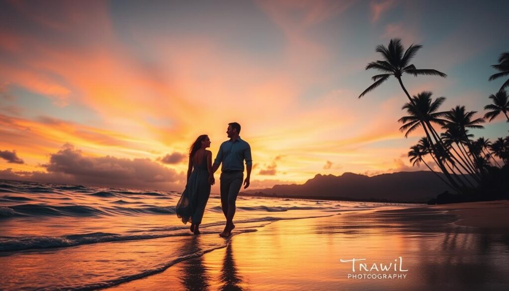 Couple walking along a beach in Maui at sunset, the ultimate romantic city getaway in Hawaii Couple walking along a beach in Maui at sunset, the ultimate romantic city getaway in Hawaii