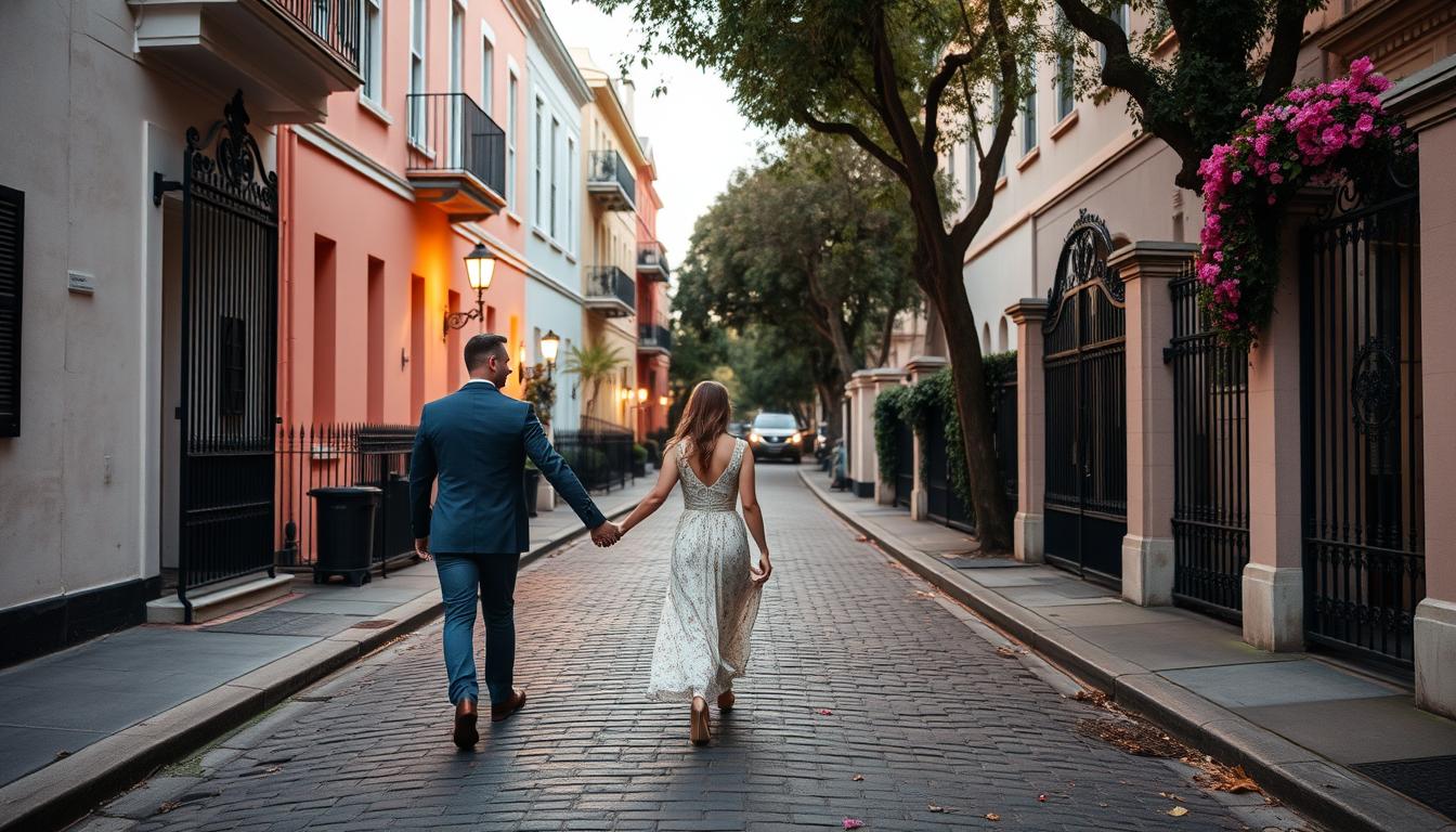 Couple walking along the historic streets of Charleston, one of the most romantic city getaways in the USA