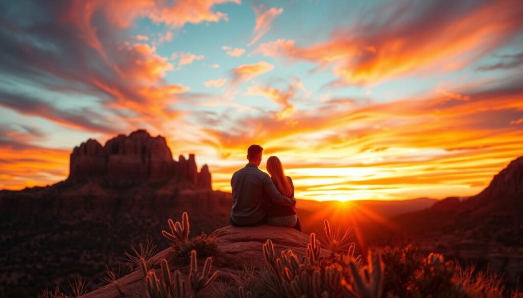 Couple watching sunset over the red rocks of Sedona, a breathtaking romantic city getaway in the desert Couple watching sunset over the red rocks of Sedona, a breathtaking romantic city getaway in the desert