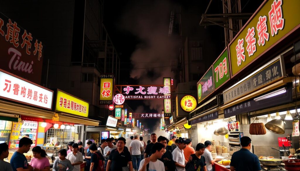 Crowded Shilin Night Market in Taipei with illuminated food stalls and vendors Crowded Shilin Night Market in Taipei with illuminated food stalls and vendors
