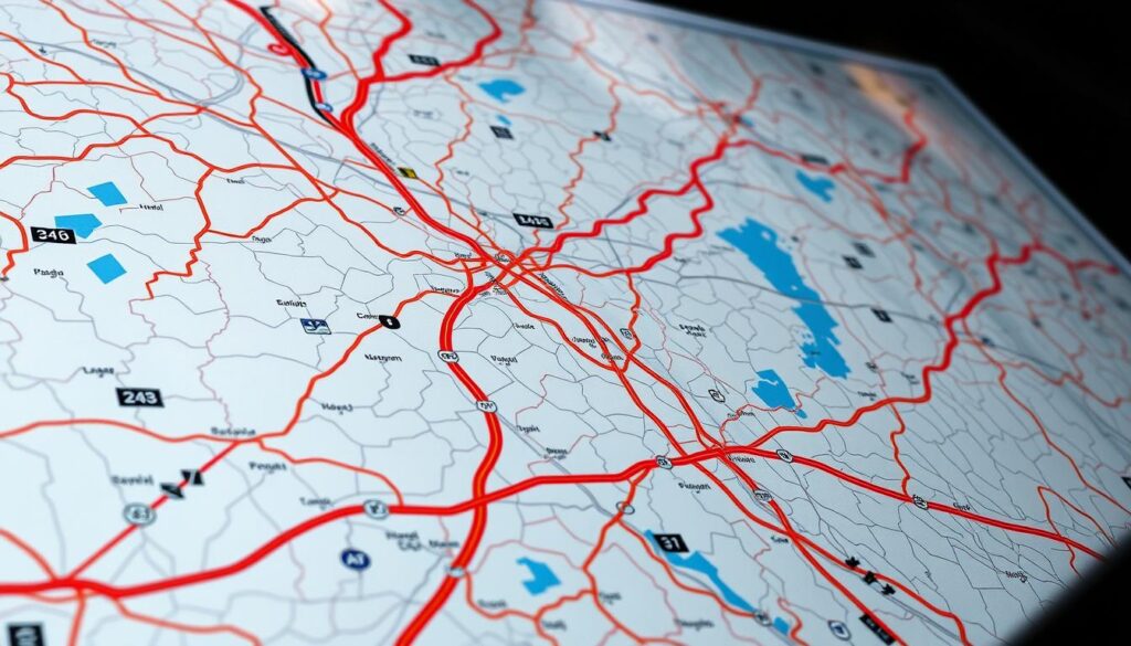 Detailed navigation maps with precise road networks, highlighted landmarks, and topographical contours. Vibrant colors and high-contrast elements create a clear and intuitive visual interface. A sleek, modern design aesthetic with a minimalist style, emphasizing functionality and ease of use. Subtle lighting from multiple angles casts depth and dimension, while a wide-angle lens captures a comprehensive, panoramic perspective. The overall mood is one of efficiency, clarity, and directional guidance - essential tools for an optimal road trip experience. Detailed navigation maps with precise road networks, highlighted landmarks, and topographical contours. Vibrant colors and high-contrast elements create a clear and intuitive visual interface. A sleek, modern design aesthetic with a minimalist style, emphasizing functionality and ease of use. Subtle lighting from multiple angles casts depth and dimension, while a wide-angle lens captures a comprehensive, panoramic perspective. The overall mood is one of efficiency, clarity, and directional guidance - essential tools for an optimal road trip experience.