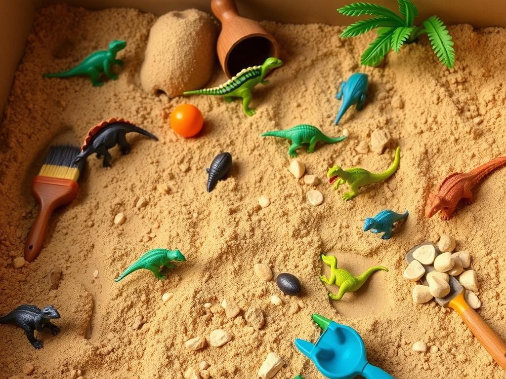 Dinosaur excavation sensory bin with sand, dinosaur figures and excavation tools Dinosaur excavation sensory bin with sand, dinosaur figures and excavation tools